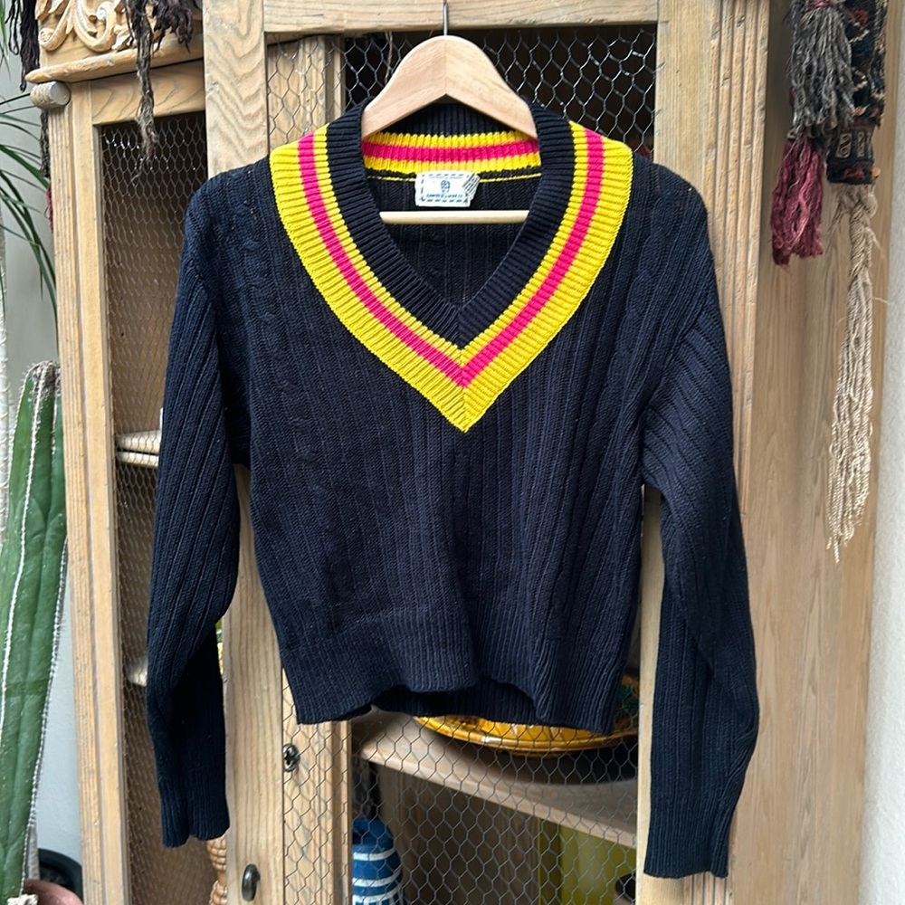 Vintage Limited Express Cable Knit Striped Trim Cropped V Neck Sweater